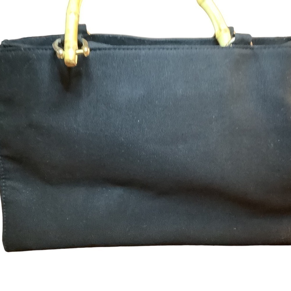 Beach Black Purse Embroidered Bamboo Handle Ocean Vacation Vintage Wood - Picture 7 of 9